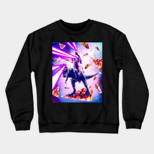 Laser Eyes Space Cat Riding Dog And Dinosaur Crewneck Sweatshirt by Random Galaxy